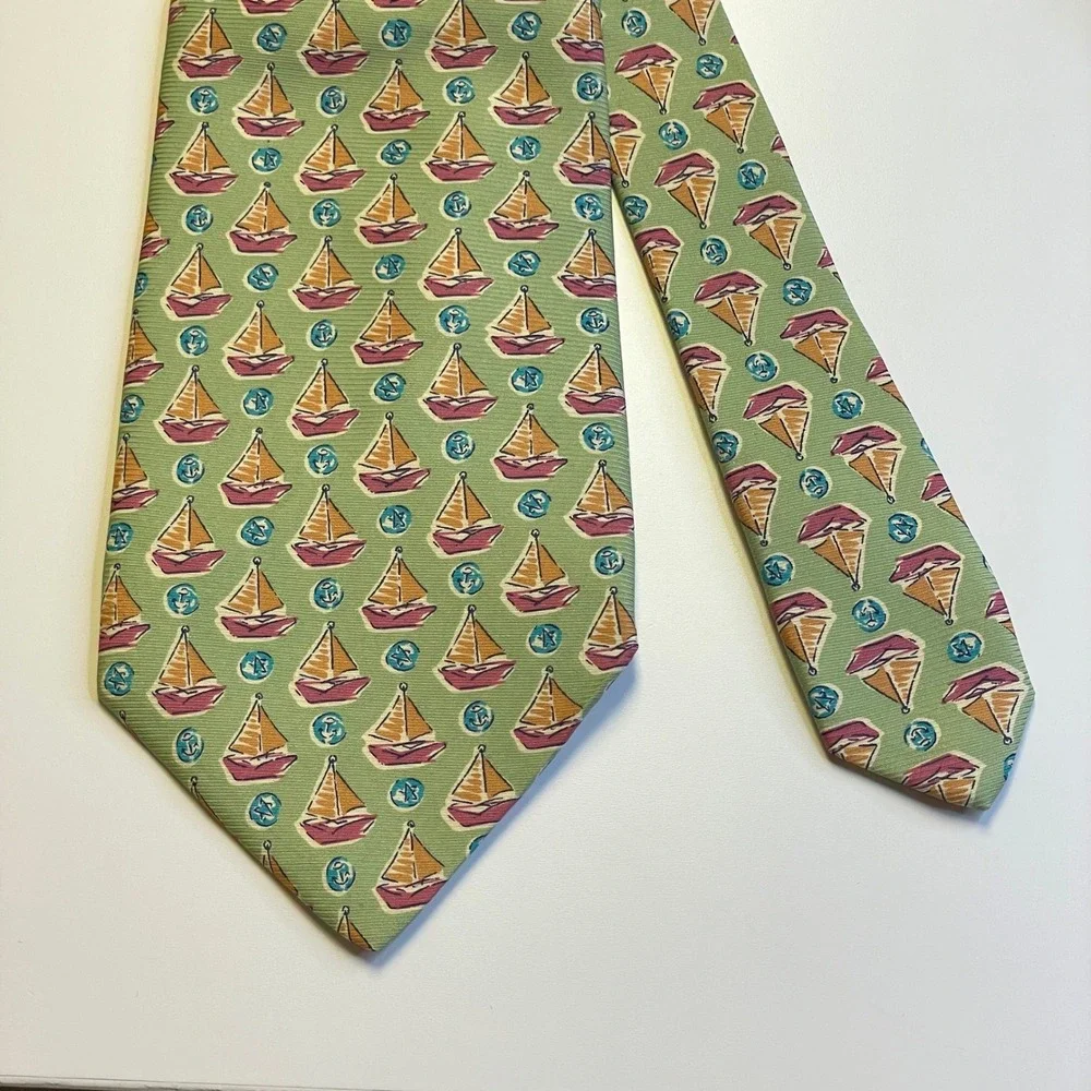 Banana Republic Sail Boat Necktie Mens Green Orange Italian Silk 58
